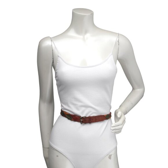 Vintage Vacher France Leather Belt Patchwork Diamond 80s Soft Brown Yellow Green - Picture 3 of 9